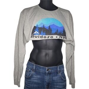 Pacific Ruidoso NM Womens Long Sleeve Crop Shirt Size L Big Graphic Belly‎ Top